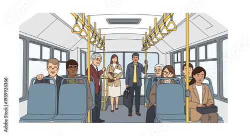 A diverse group of people including standing and sitting passengers occupy the interior of a public bus featuring prominent yellow handrails and straps.