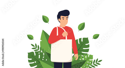 A cheerful young man wearing a vibrant red sweater carries a white reusable tote bag while surrounded by lush green tropical foliage and floating leaves.
