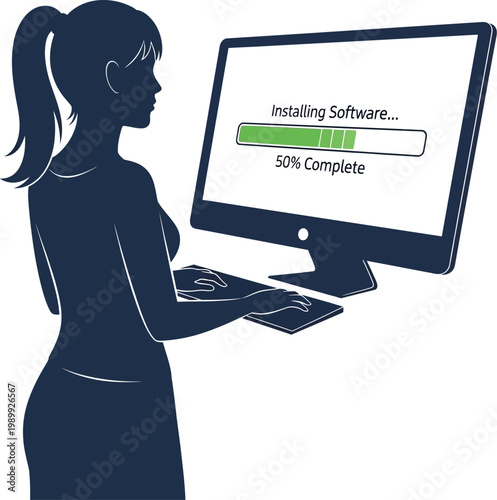 Woman installs software on her desktop computer to update her operating.