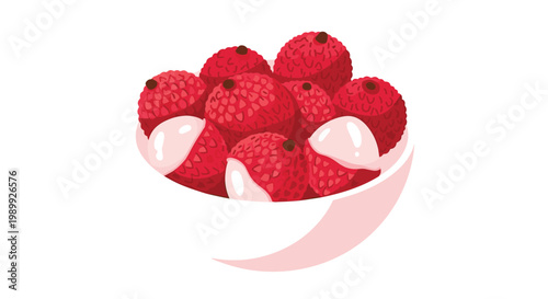 A clean white bowl contains several vibrant red lychees with three fruits carefully peeled to reveal their translucent white fleshy interiors and texture.