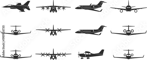 Airplane icon set with commercial jets, cargo aircraft and small planes in front and side views isolated on white background for aviation design