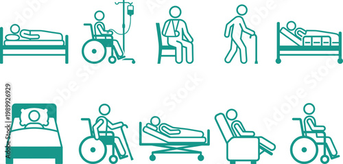 Healthcare patient care icons set with hospital bed, wheelchair, IV therapy and recovery symbols in line style for medical, clinic and nursing design