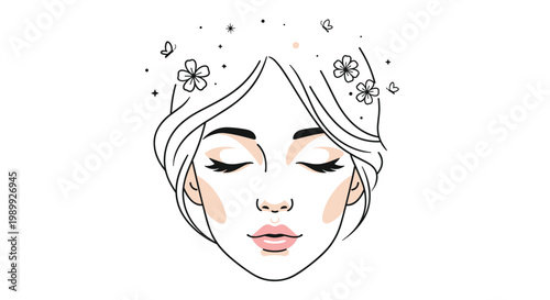 A beautiful line art portrait shows a woman with closed eyes and elegant hair decorated with delicate flowers and fluttering butterflies under a starry sky.