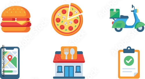 Food delivery service flat vector icons set featuring burger pizza scooter mobile app tracking restaurant building and order completion checkmark illustration