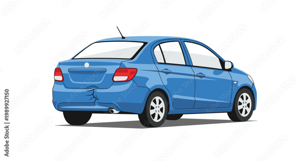 Fototapeta premium A pristine blue compact car displays a minor localized dent on its rear bumper while positioned against a stark white studio background for inspection.