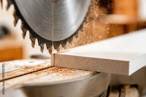 Close-up of a circular saw blade cutting through a piece of white material, creating sawdust.