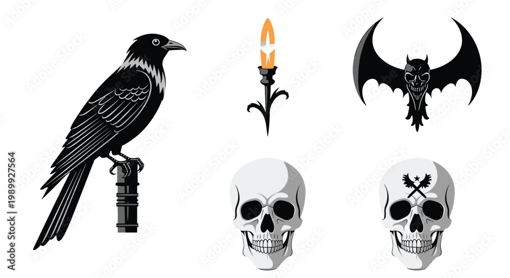 Fototapeta premium A meticulous collection of gothic illustrations featuring a dark raven perched on a post beside various human skulls and a flickering medieval wall torch.