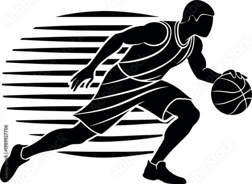 Black and white silhouette of a basketball player dribbling a ball with speed motion lines. Vector