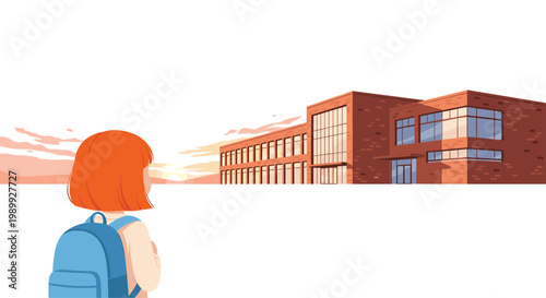 A young girl with vibrant orange hair and a blue backpack stands looking toward a modern brick school building during a warm and colorful sunset scene.