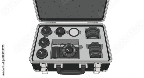 A professional digital camera and several high-end lenses are securely stored within the custom foam inserts of a rugged black protective transport case.