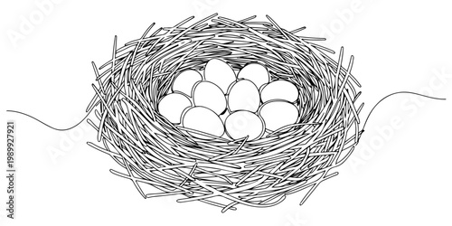 Black and white illustration of a bird's nest with eggs.