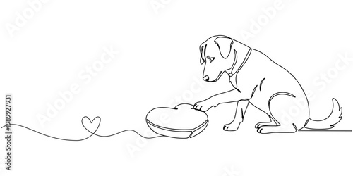 Continuous line drawing of a dog eating from a bowl with heart leash.