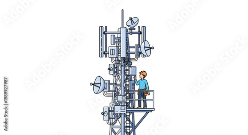 A skilled technician wearing a safety helmet stands on a high metal platform while inspecting various satellite dishes on a tall telecommunications tower.