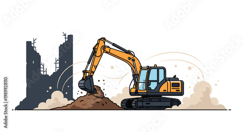 A yellow hydraulic excavator digs into a large pile of brown earth with a dark silhouette of a ruined building standing in the distant background area.