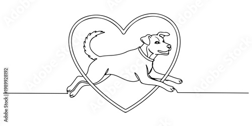 Minimalist continuous line illustration of a happy dog running through a heart.