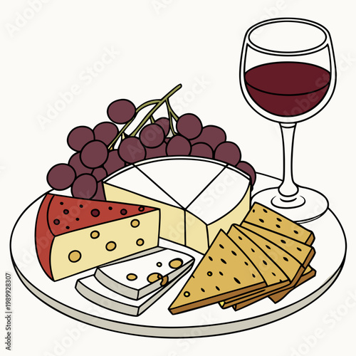 vector illustration cheese plate, isolated on white background, delicious wine snack set