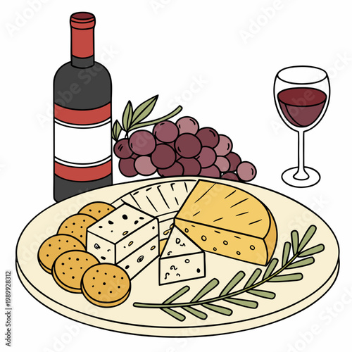 vector illustration cheese plate, isolated on white background, delicious wine snack set