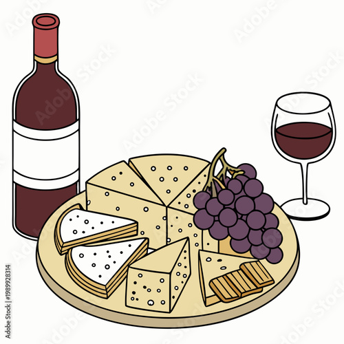 vector illustration cheese plate, isolated on white background, delicious wine snack set