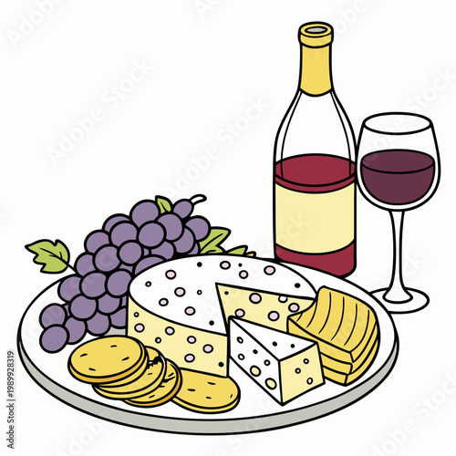 vector illustration cheese plate, isolated on white background, delicious wine snack set