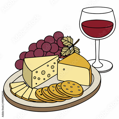 vector illustration cheese plate, isolated on white background, delicious wine snack set