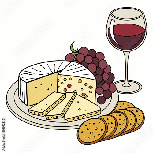 vector illustration cheese plate, isolated on white background, delicious wine snack set