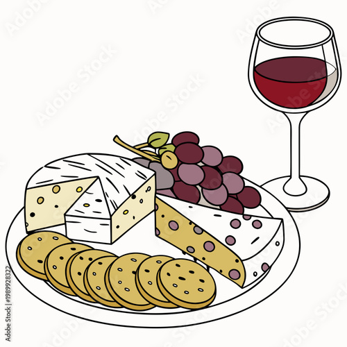 vector illustration cheese plate, isolated on white background, delicious wine snack set