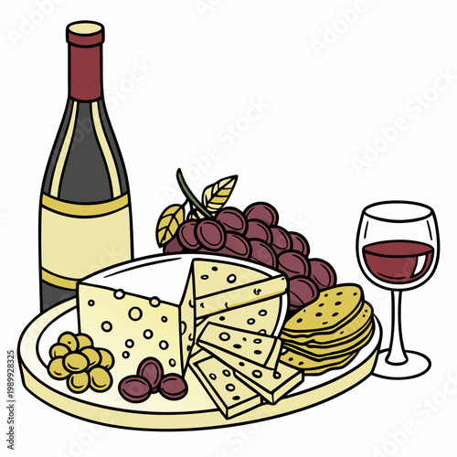 vector illustration cheese plate, isolated on white background, delicious wine snack set
