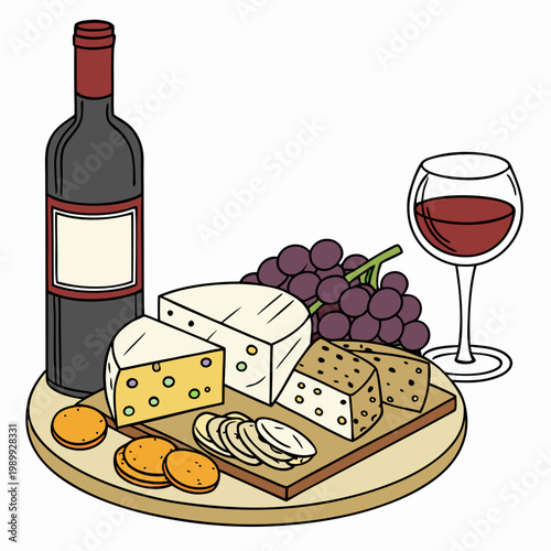 vector illustration cheese plate, isolated on white background, delicious wine snack set