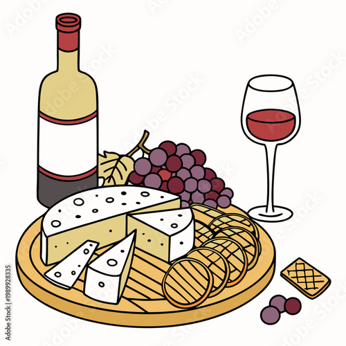 vector illustration cheese plate, isolated on white background, delicious wine snack set