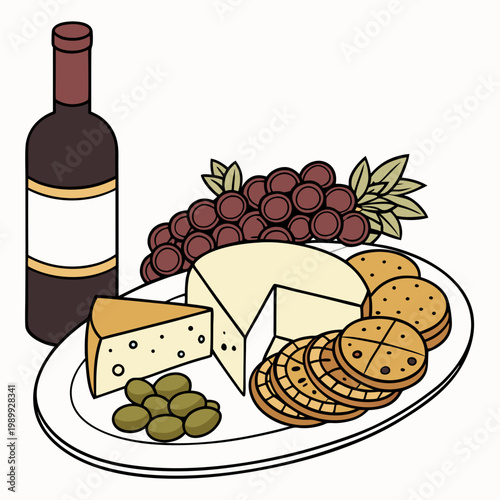 vector illustration cheese plate, isolated on white background, delicious wine snack set