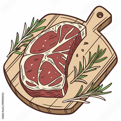 Vector illustration of a raw steak with marbling on a wooden board, garnished with fresh rosemary. Perfect for food and culinary designs.