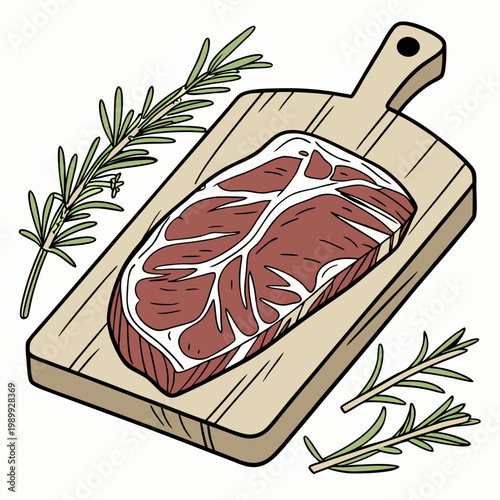 Vector illustration of a raw steak with marbling on a wooden board, garnished with fresh rosemary. Perfect for food and culinary designs.