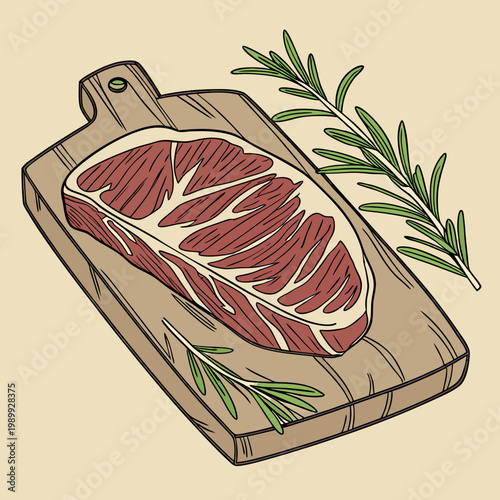 Vector illustration of a raw steak with marbling on a wooden board, garnished with fresh rosemary. Perfect for food and culinary designs.