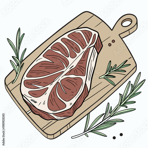 Vector illustration of a raw steak with marbling on a wooden board, garnished with fresh rosemary. Perfect for food and culinary designs.