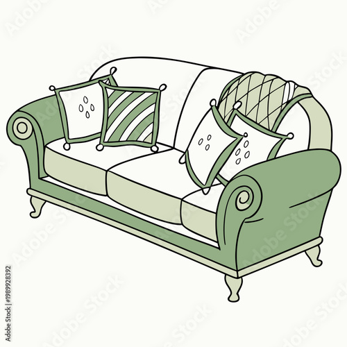 Nice green sofa with pillows over white background