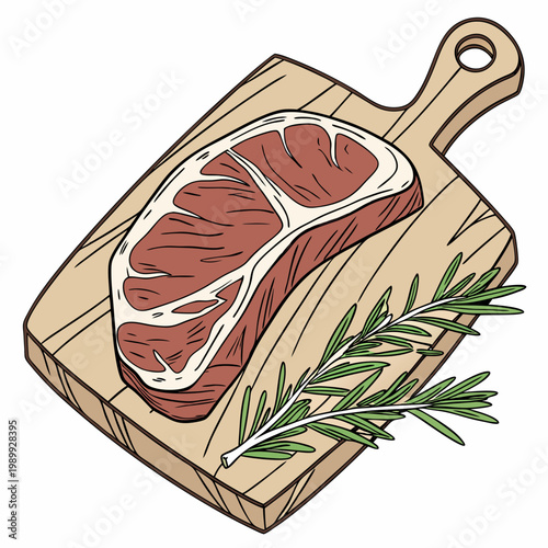 Vector illustration of a raw steak with marbling on a wooden board, garnished with fresh rosemary. Perfect for food and culinary designs.