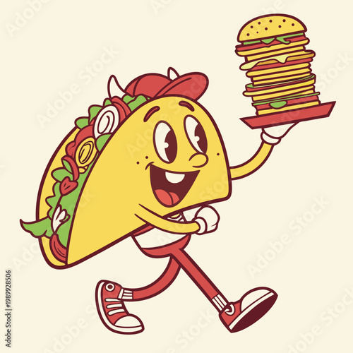 Cartoon groovy fast food tacos cheerful character. Mexican cuisine street cafe snack cartoon funny mascot, cheerful groovy isolated vector personage. Fast food meal or takeaway tacos happy character