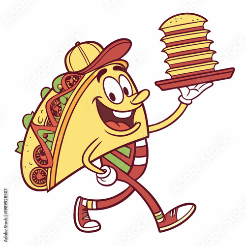 Cartoon groovy fast food tacos cheerful character. Mexican cuisine street cafe snack cartoon funny mascot, cheerful groovy isolated vector personage. Fast food meal or takeaway tacos happy character