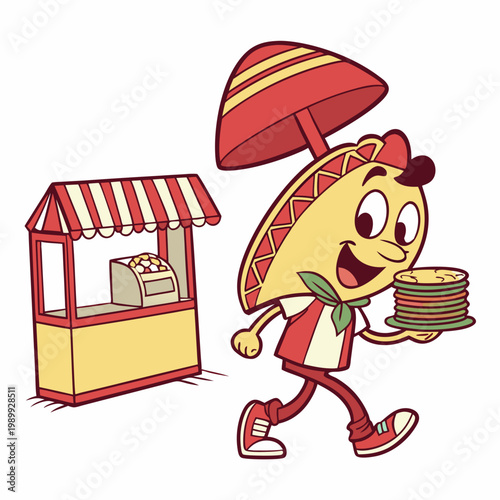 Cartoon groovy fast food tacos cheerful character. Mexican cuisine street cafe snack cartoon funny mascot, cheerful groovy isolated vector personage. Fast food meal or takeaway tacos happy character