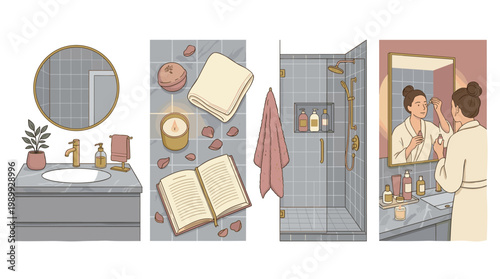 Bathroom interior and self-care vector illustrations: vanity, shower, spa flatlay, and skincare routine.