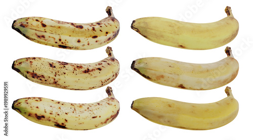 Isolated Yellow Ripe Bananas In Different Stage Of Ripeness With Brown Sugar Spots Senescence Spots 3d Illustration