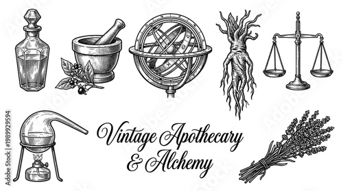 Vintage Apothecary and Alchemy Illustration Set, Hand Drawn Engraving of Medieval Science, Herbal Medicine, Mandrake, Armillary Sphere, and Lab Equipment