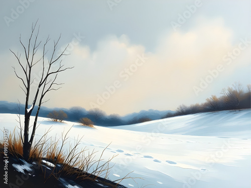 snowy landscape, winter scene, peaceful nature, frozen lake, dark water, snow reflection, cold environment, serene view, winter painting, calm water, snowy day, nature art, tranquil scene, icy lake, w