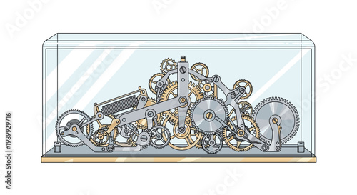 An intricate arrangement of metallic gears and complex clockwork mechanisms sits meticulously displayed inside a transparent rectangular glass case on a light wooden base.
