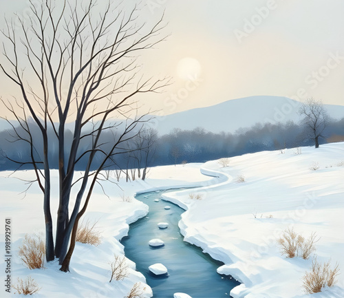 snowy landscape, winter scene, peaceful nature, frozen lake, dark water, snow reflection, cold environment, serene view, winter painting, calm water, snowy day, nature art, tranquil scene, icy lake, w