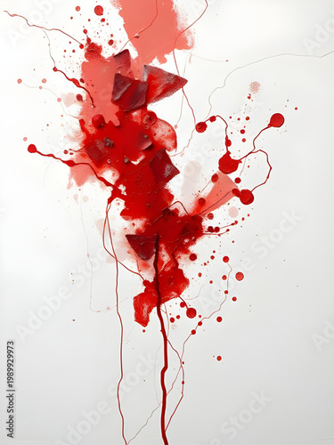 abstract painting, red splatter, paint drips, geometric shapes, expressionist art, modern canvas, artistic texture, creative design, white background, paint splash, abstract composition, contemporary 