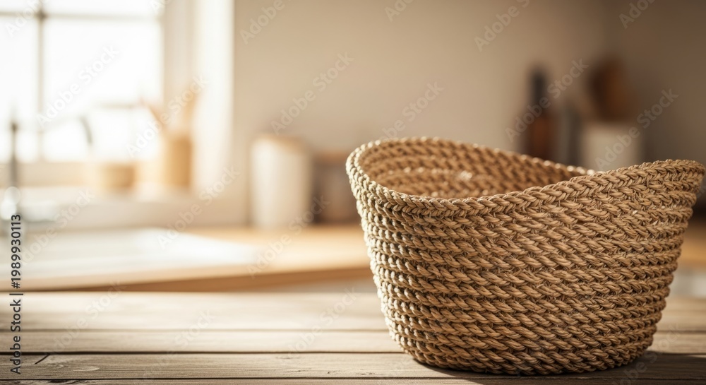 Fototapeta premium Woven Basket on Rustic Table with Natural Light