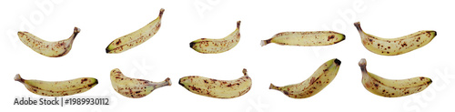 A Collection Of Ten Diverse Bananas In Advanced Stage Of Ripeness With Brown Sugar Spots  In Various Curved Poses Isolated 3D Illustration