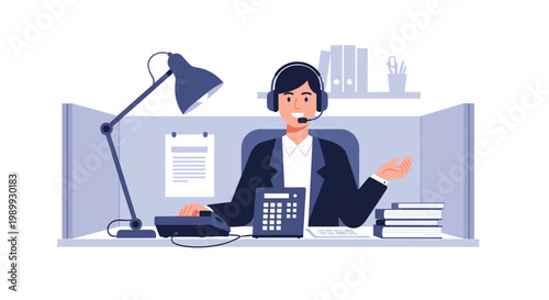 A professional male office worker wearing a headset sits at his desk within a cubicle equipped with a classic lamp and a modern digital telephone device.