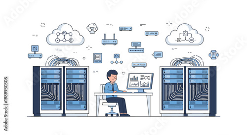 A focused IT specialist works at a computer desk positioned between two large server racks under various floating cloud computing network infrastructure icons.